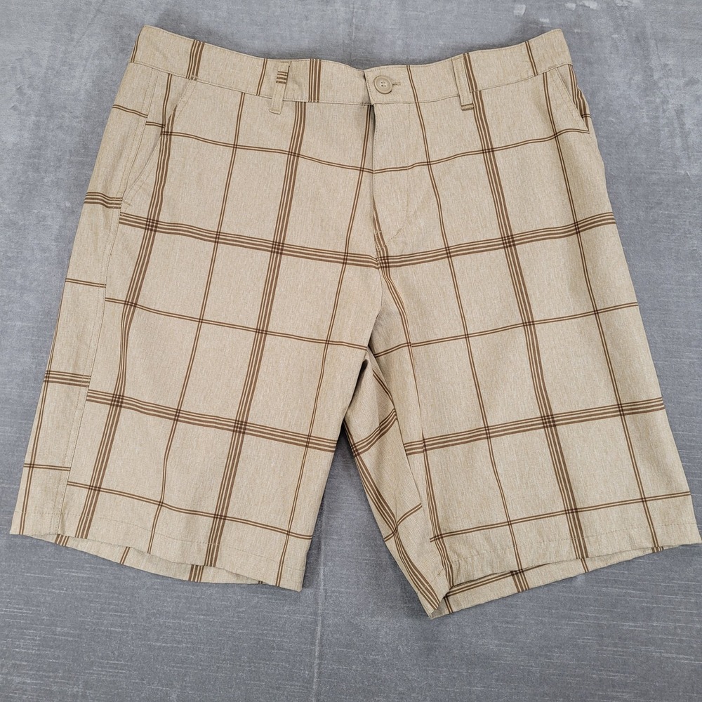 OP FLEX Mens Shorts Size 38 Beige Plaid Casual 4-Way Stretch Flat Front